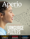 Cover of the magazine. The cover shows a woman's head in side view. A cloud of hand-drawn letters of the alphabet streams from her mouth. The title 'language puzzles' appears below the cloud of letters.